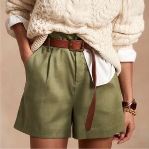 Banana Republic Belted High Rise Pleated 4” Shorts Linen Cotton Green Size 14